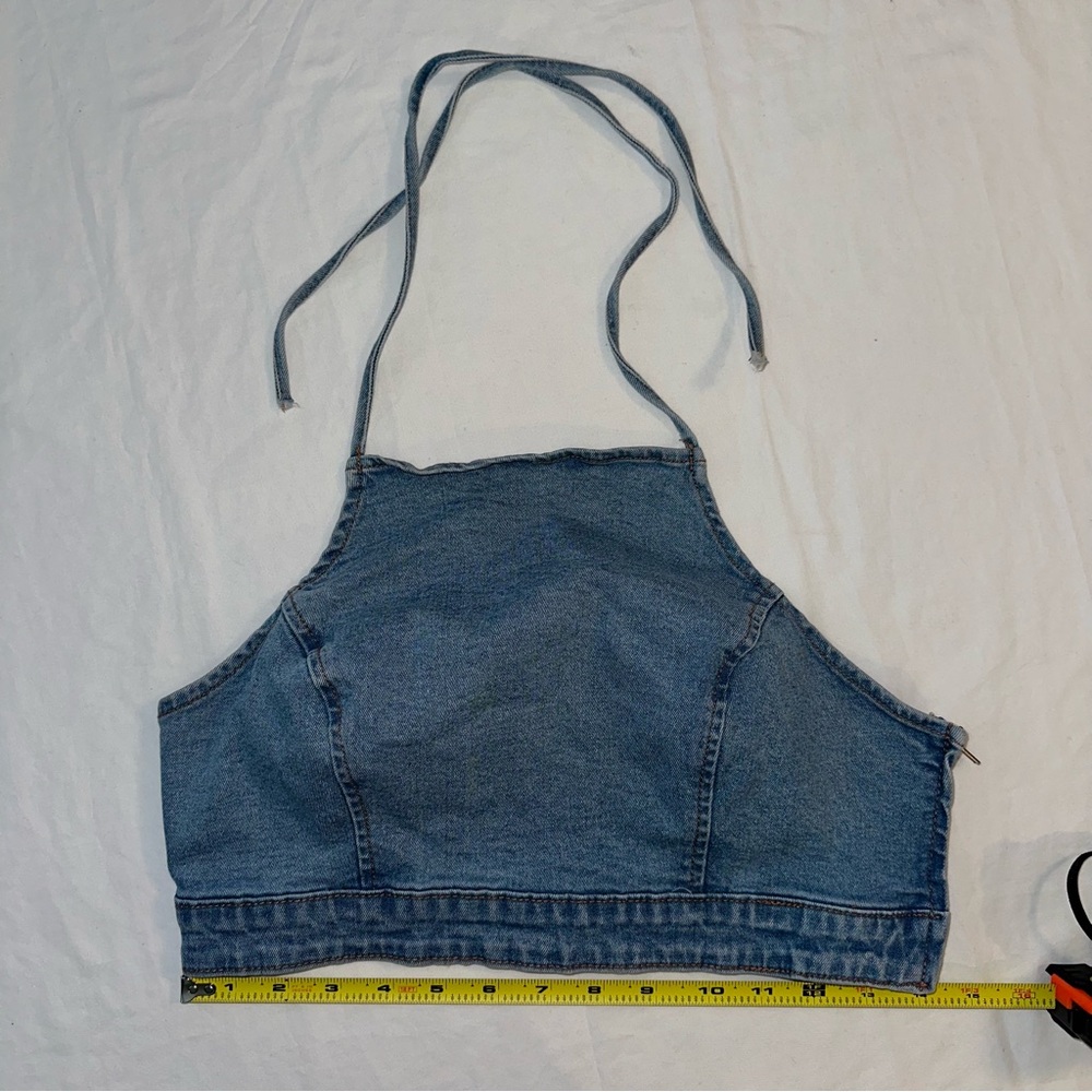 Forever 21 Women’s Blue Jean Denim Halter Crop Top With Zipper Size Medium